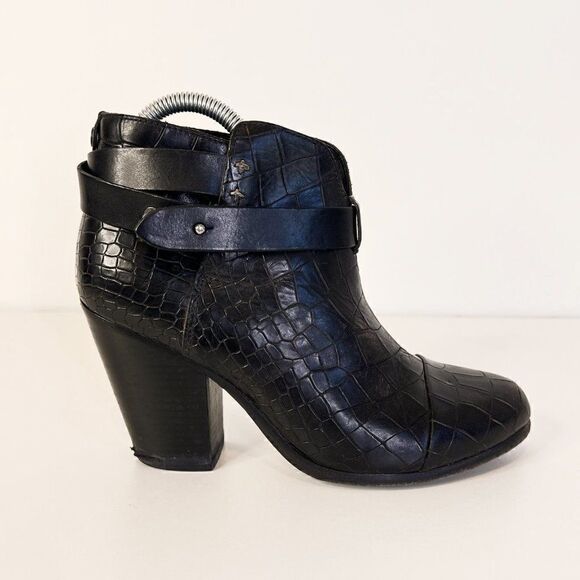 Rag & Bone Harrow Black Croc Embossed Leather Ankle Boots - Picture 2 of 7